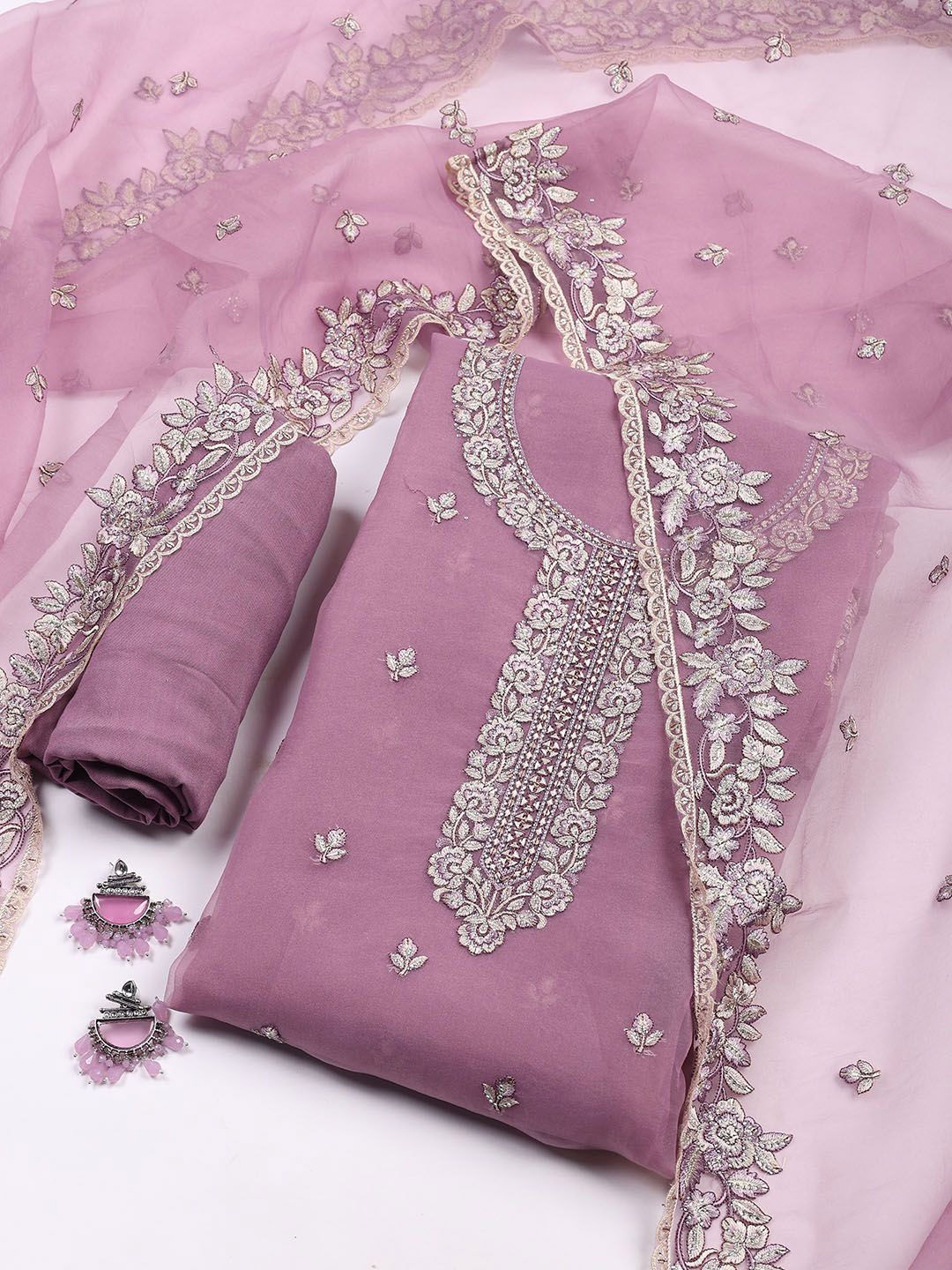 

Meena Bazaar Floral Embroidered Unstitched Dress Material, Lavender