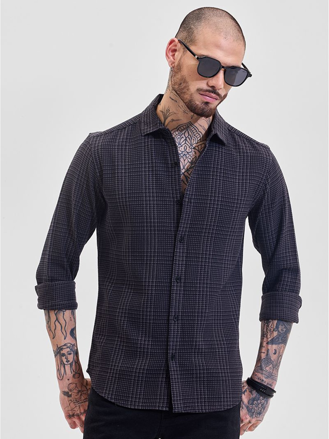 

Snitch Men Classic Micro Checks Opaque Checked Formal Shirt, Grey