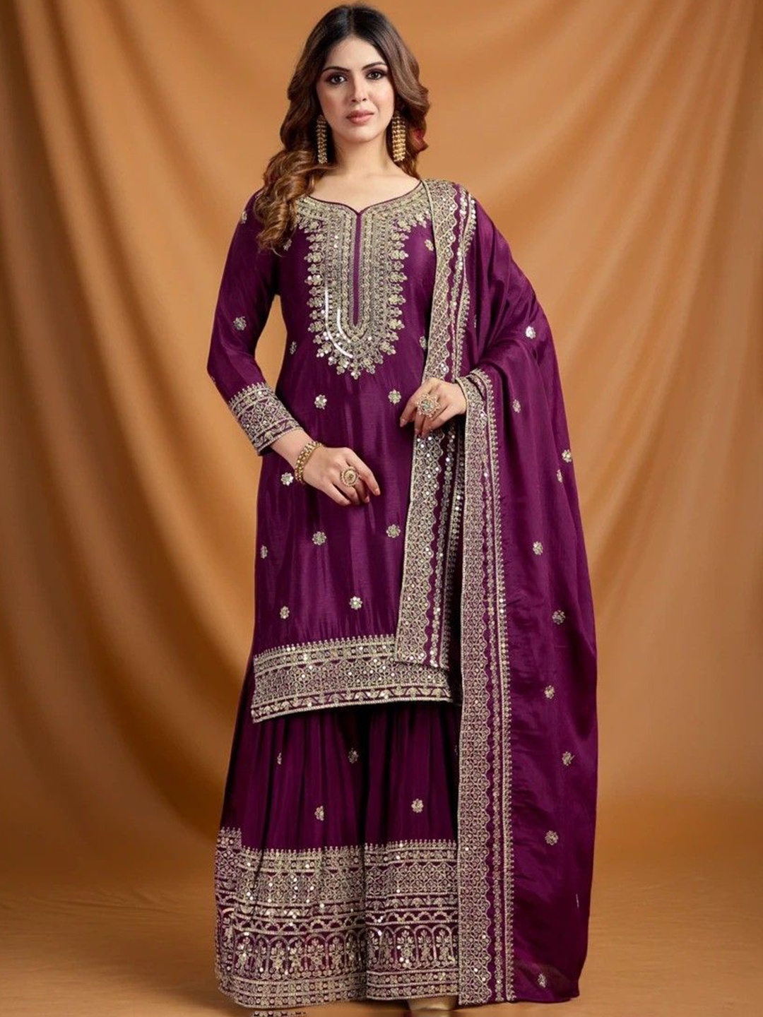 

KALINI Geometric Sequinned Embroidered V-Neck Kurta with Palazzos & Dupatta, Purple
