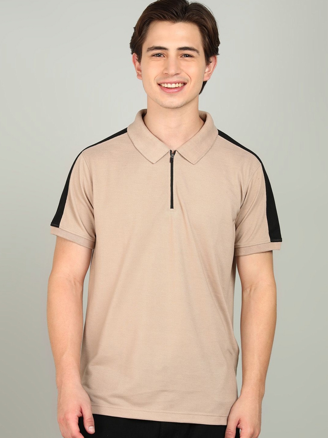 

XFOX Men Colourblocked Polo Collar T-shirt, Beige