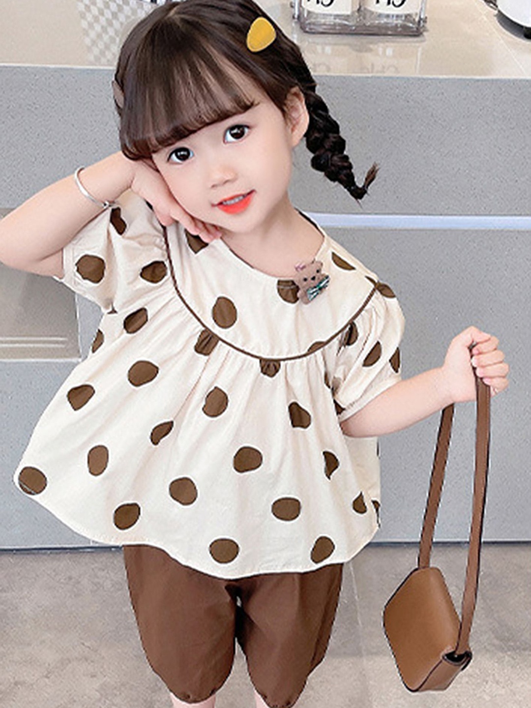 

LULU & SKY Girls Polka Dot Printed Top With Shorts, Beige