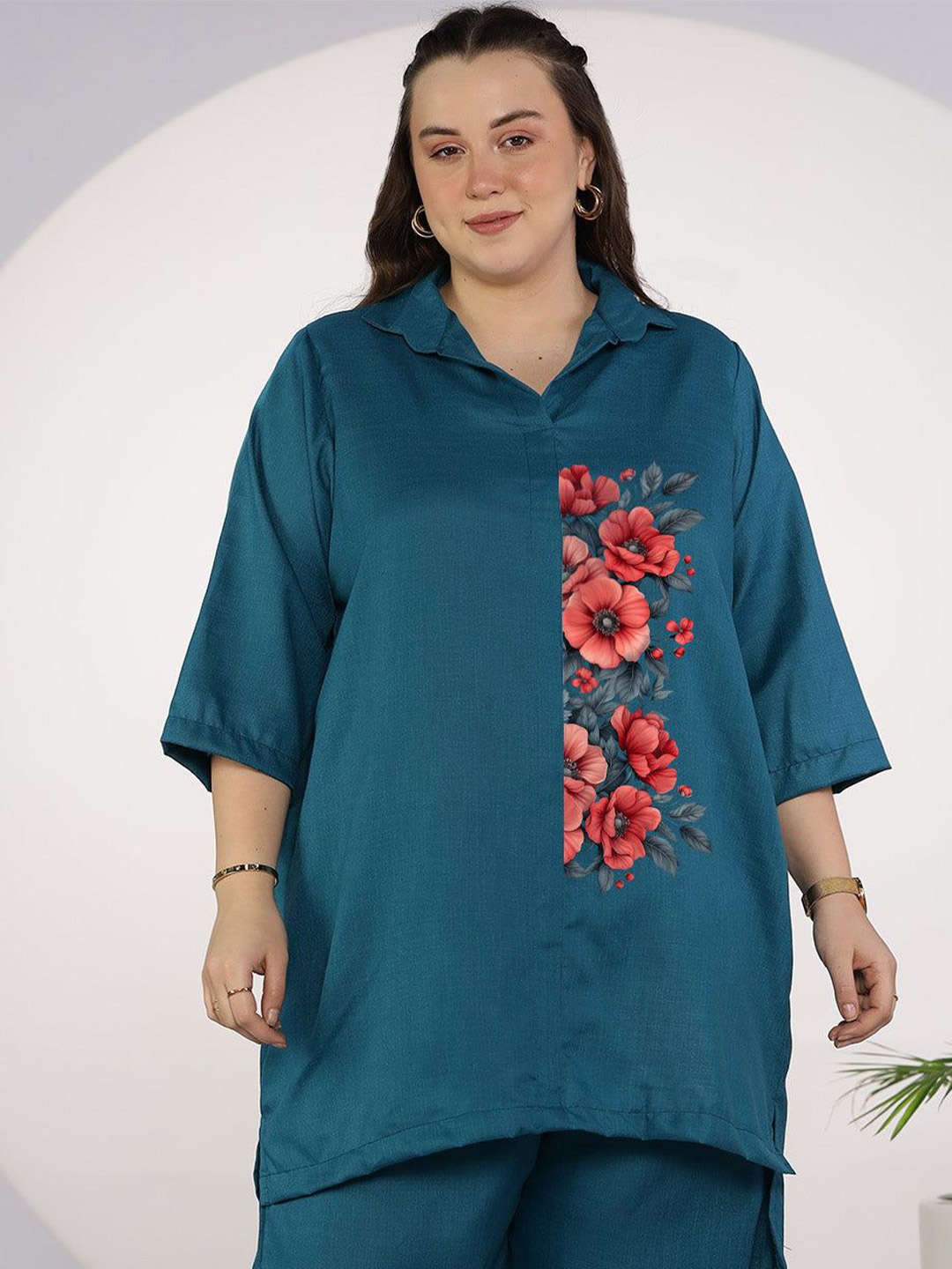 

LetsDressUp Shirt Collar Printed Tunic, Teal