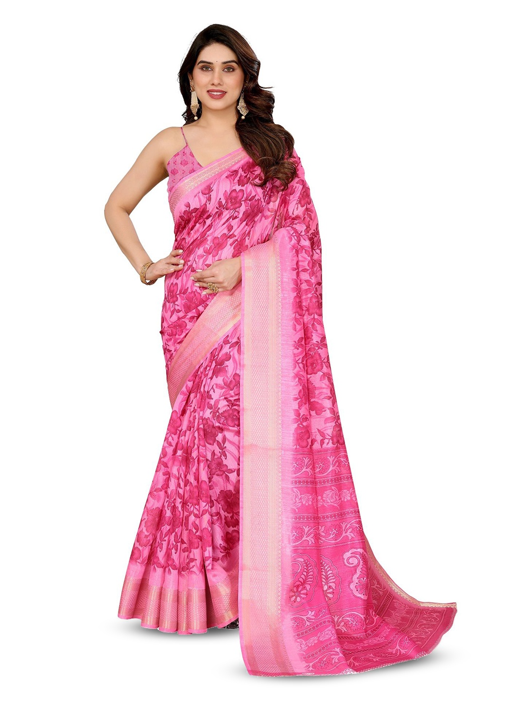 

Moda Rapido Floral Zari Saree, Pink