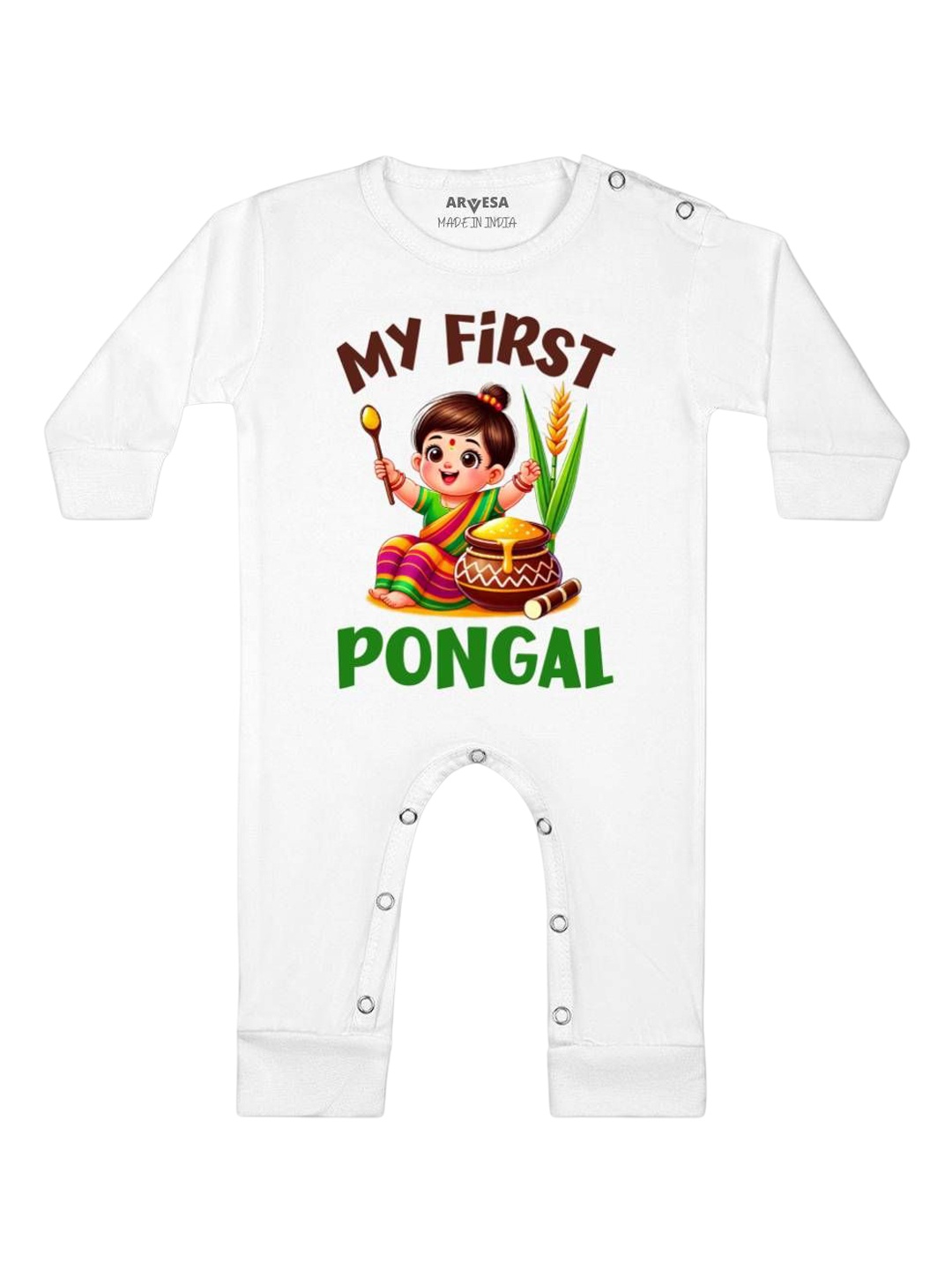 

Arvesa First Pongal Printed Baby Romper, White