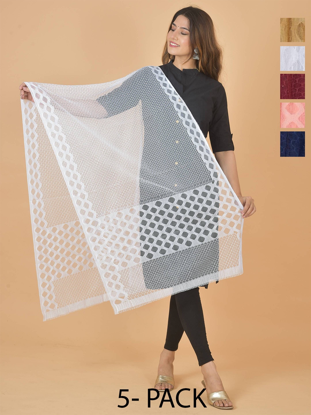 

LA FEMINAE Selection Of 5 Geometric Woven Design Dupatta, White