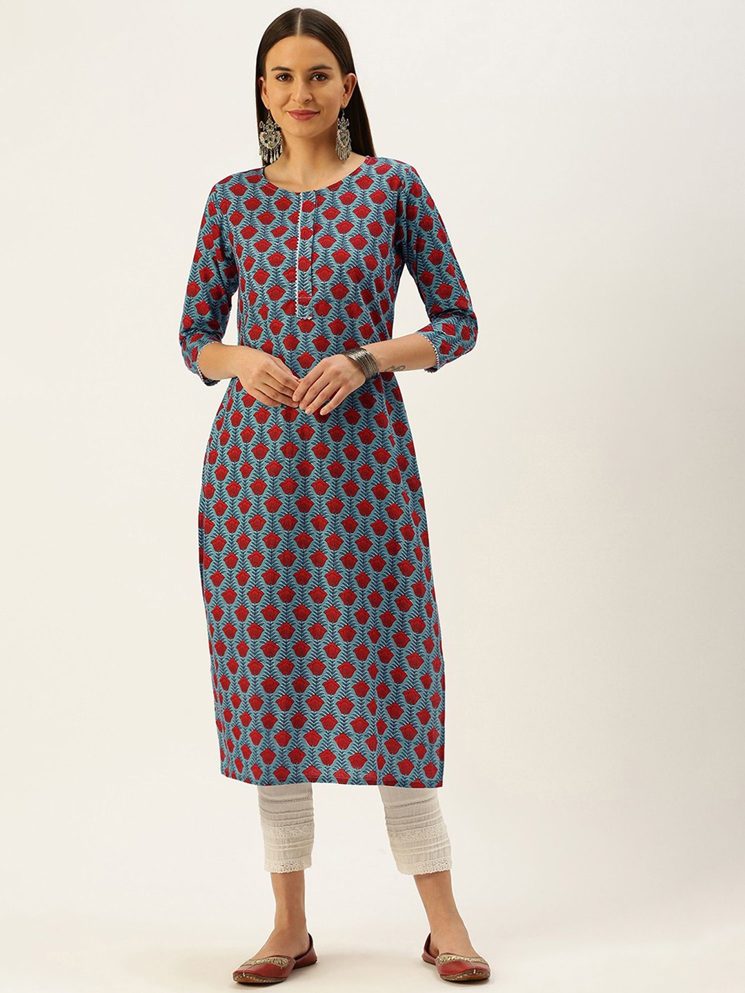 

HRITIKA Ethnic Motifs Printed Pure Cotton Straight Kurta, Blue