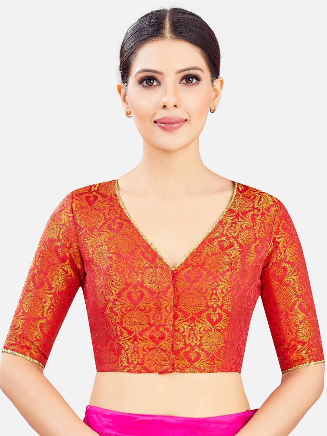 

Studio Shringaar Women Woven Design Brocade V-Neck Saree Blouse, Red