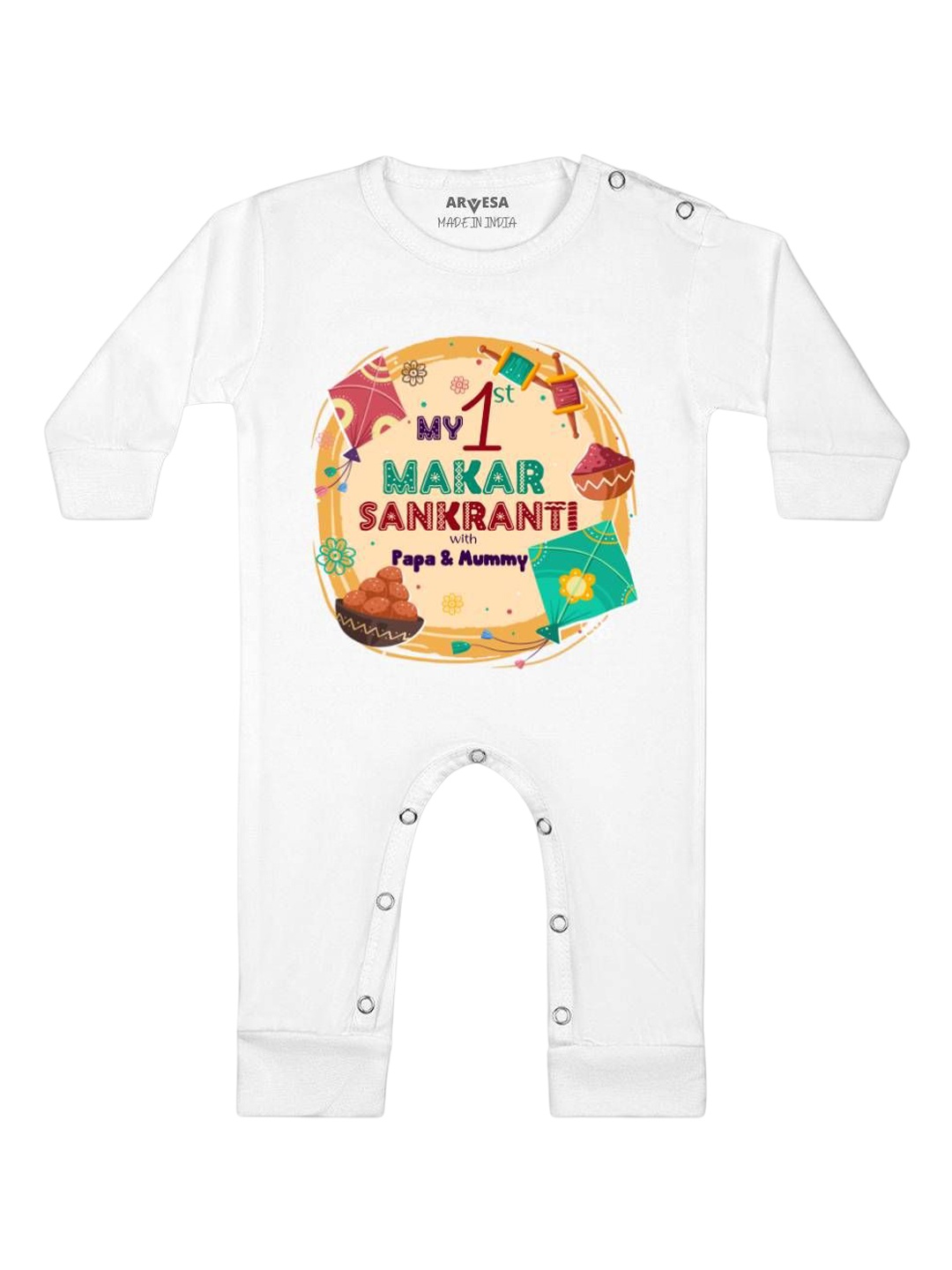 

Arvesa First Makar sankranti Printed Baby Romper, White