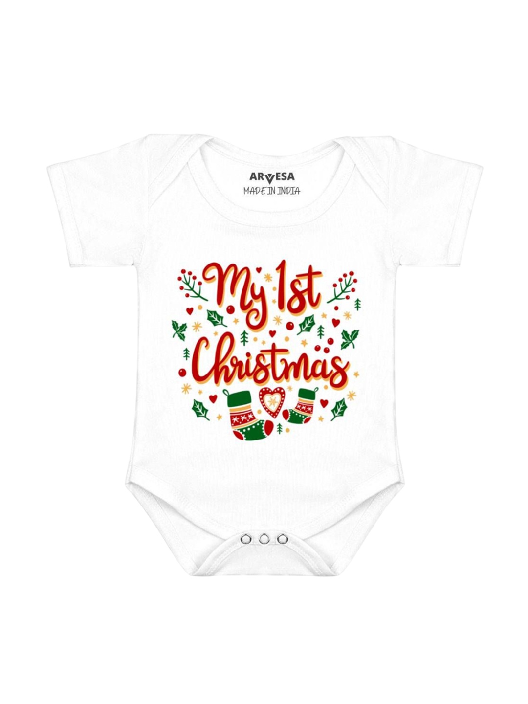 

Arvesa Kids First Christmas Printed Envelope Neck Short Sleeves Romper, White