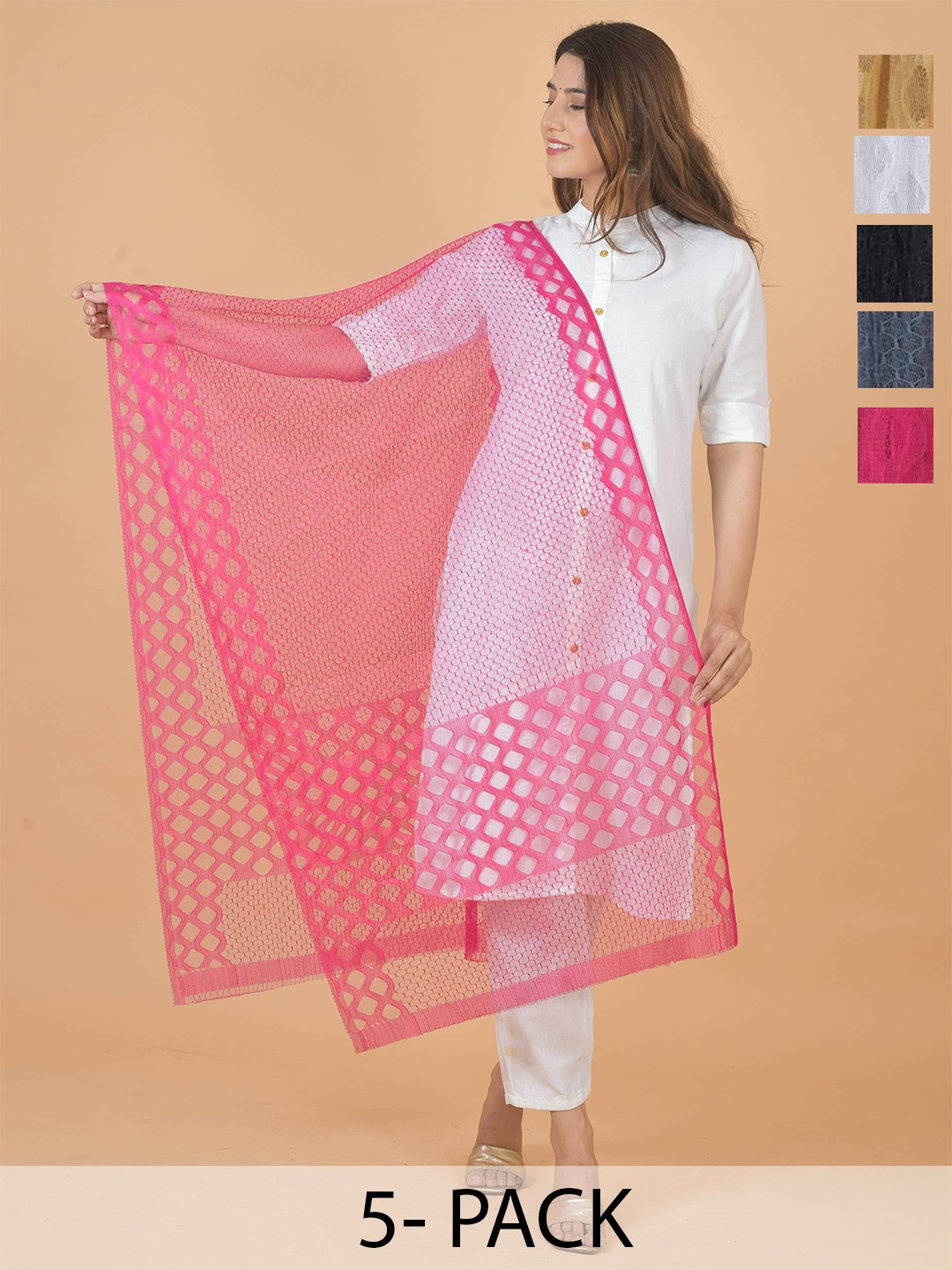 

LA FEMINAE Selection Of 5 Geometric Woven Design Dupattas, Pink