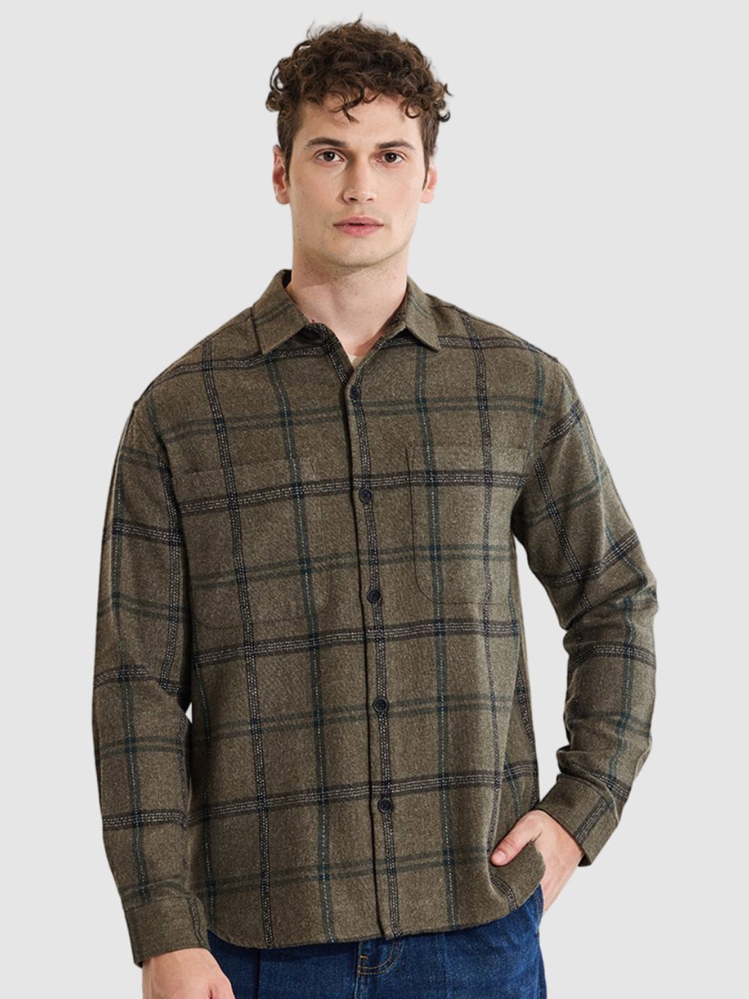

Snitch Men Relaxed Opaque Checked Casual Shirt, Olive