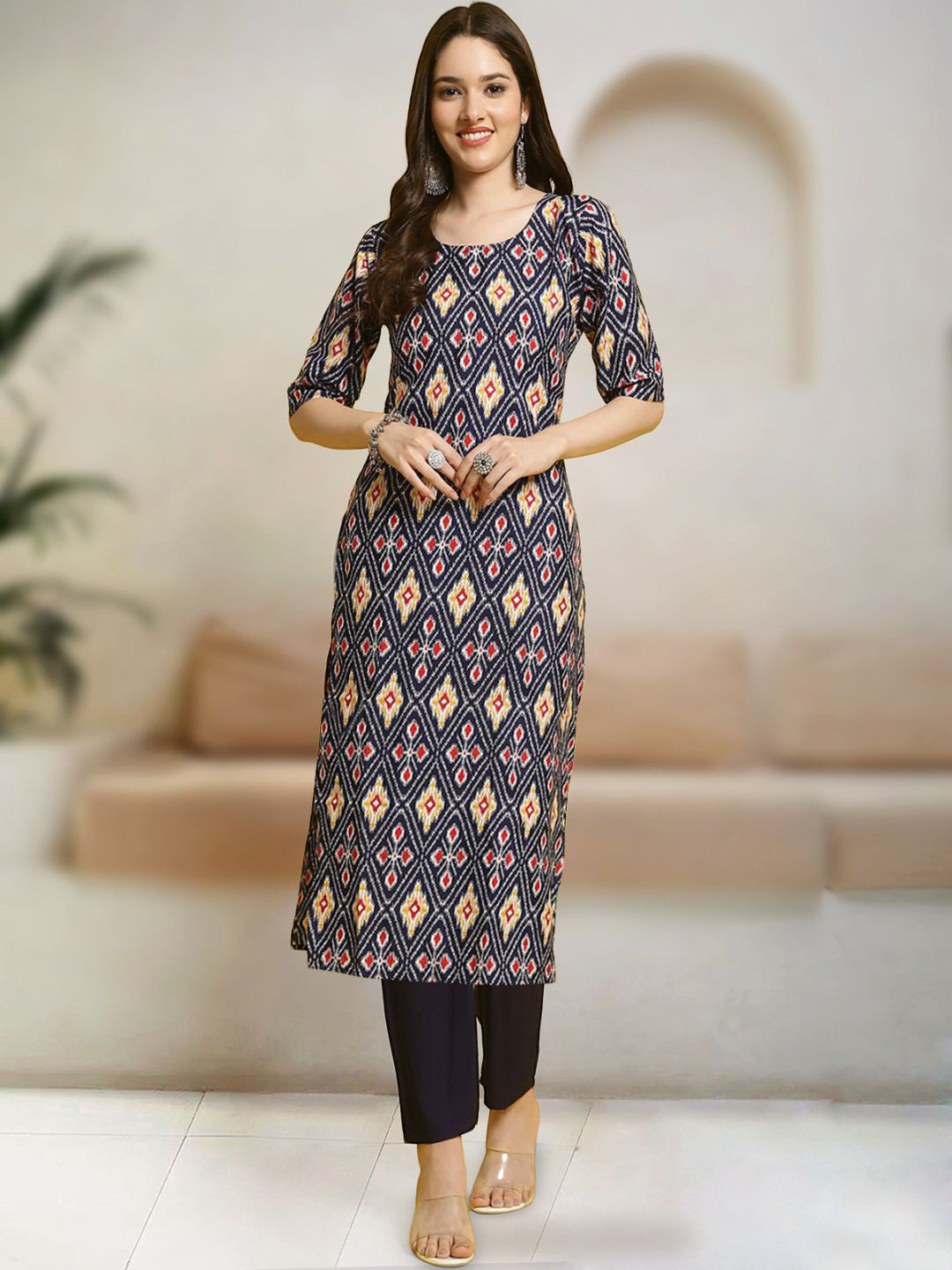 

Moda Rapido Ethnic Motifs Printed Round Neck Straight Kurta With Trouser, Navy blue