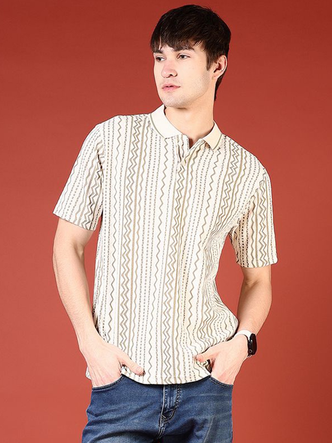 

V-Mart Men Tribal Printed Polo Collar Pockets T-shirt, Off white