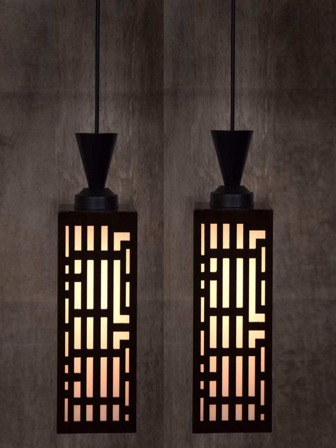 

Gojeeva Black 2 Pieces Textured Contemporary Rectangle Shaped Wooden Hanging Lamp