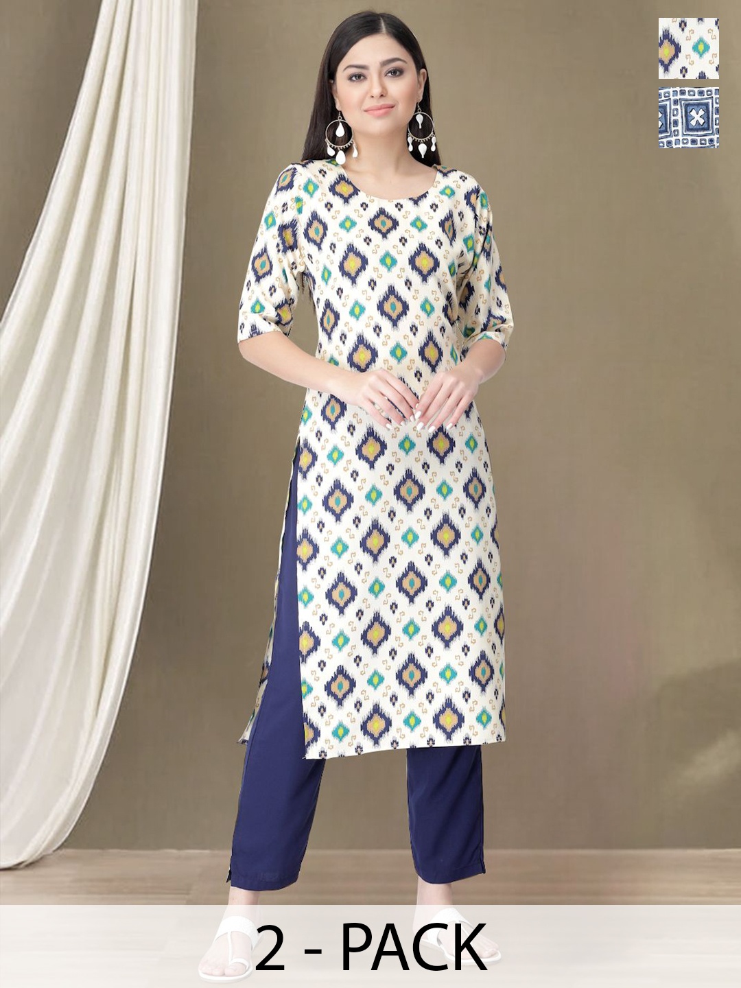 

Moda Rapido Selection Of 2 Geometric Printed Round Neck Straight Kurtas With Trousers, White