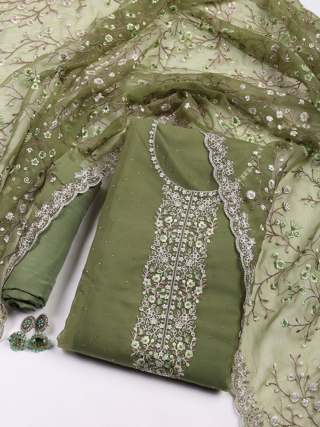 

Meena Bazaar Embroidered Organza Unstitched Dress Material, Green