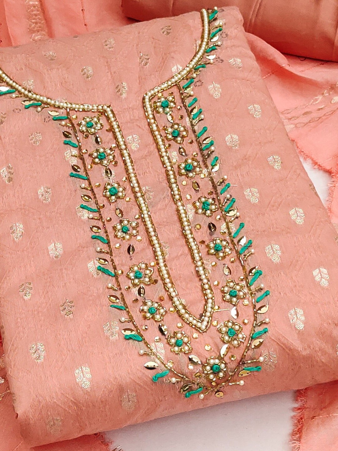 

Rangtulika Ethnics Floral Embroidered Unstitched Dress Material, Peach