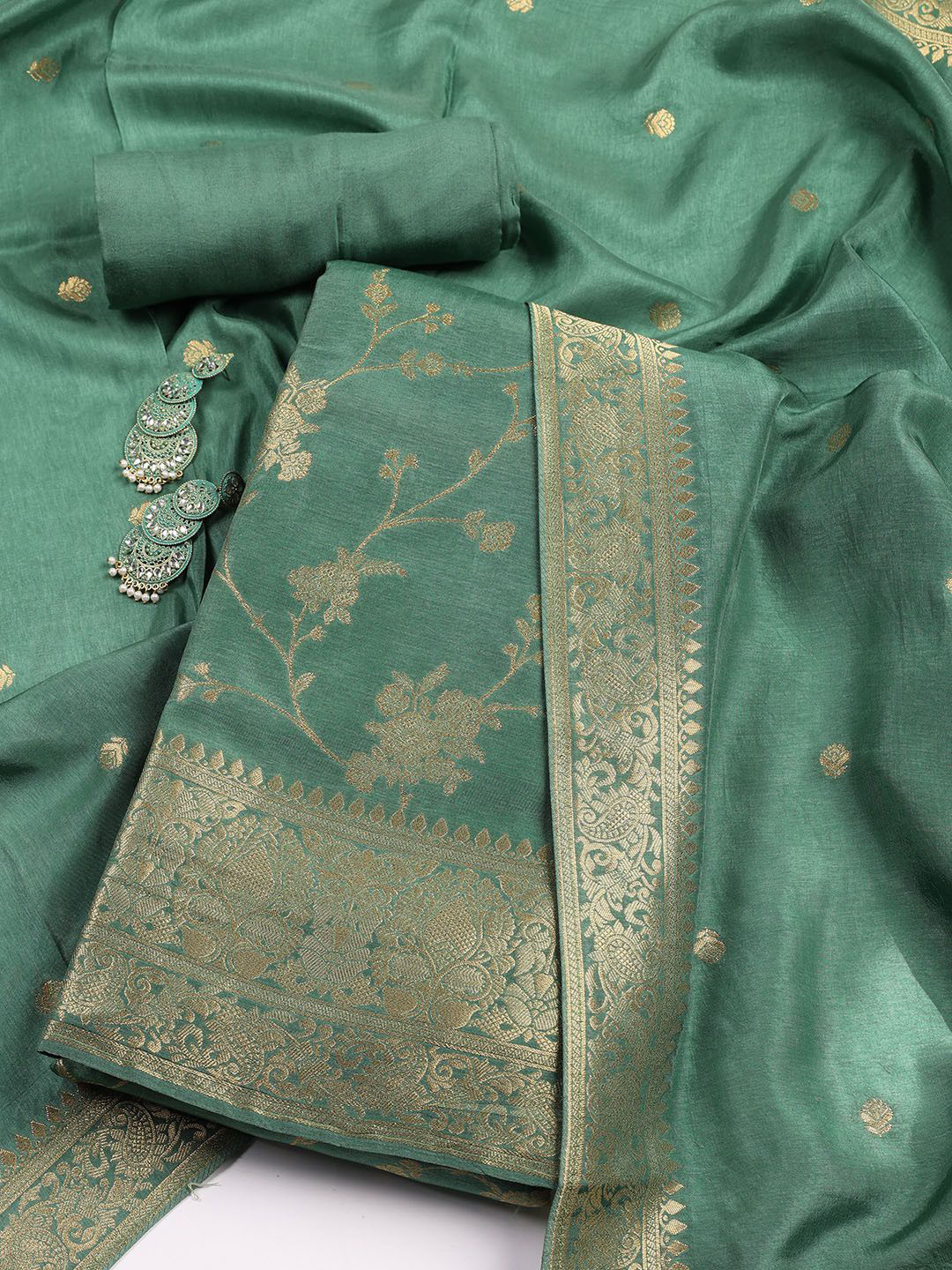

Meena Bazaar Floral Woven Design Zari Art Silk Unstitched Dress Material, Green