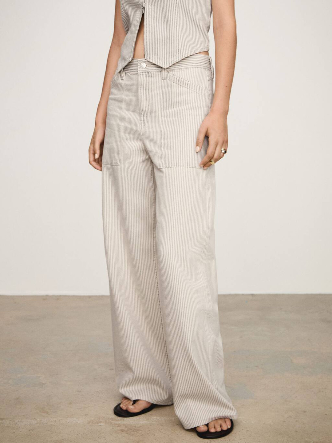 

MANGO Women Self-Striped Wide Leg Jeans, Off white