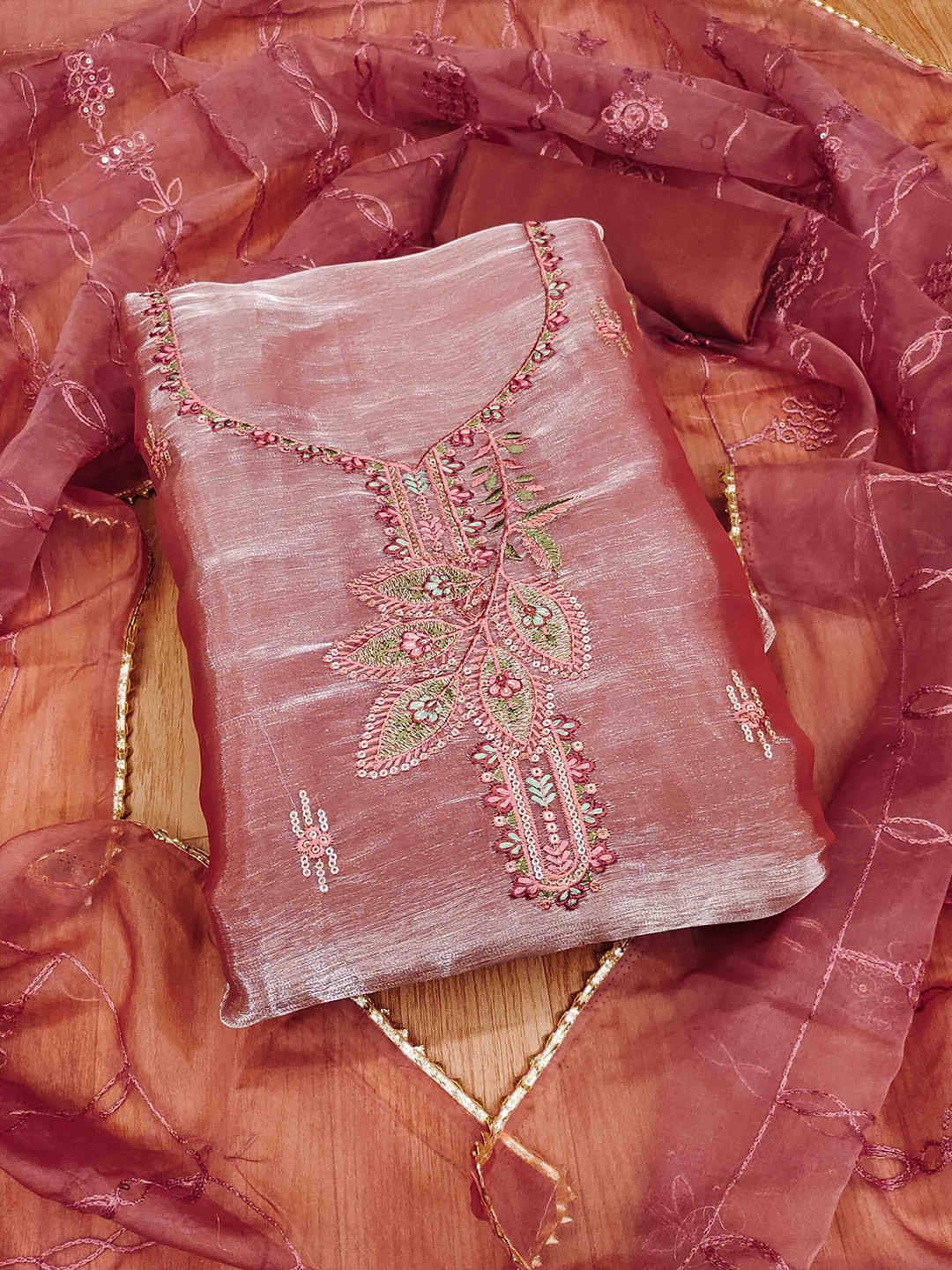 

KIMISHA Embroidered Silk Chiffon Unstitched Dress Material, Rust