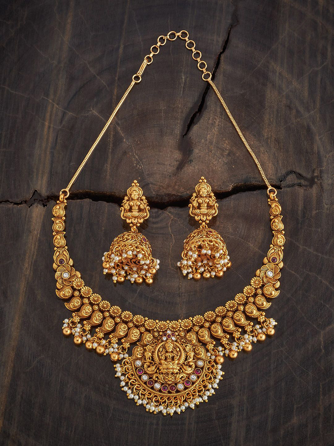 

Kushal's Fashion Jewellery Gold-Plated Ruby Ethnic Antique Jewellery Set