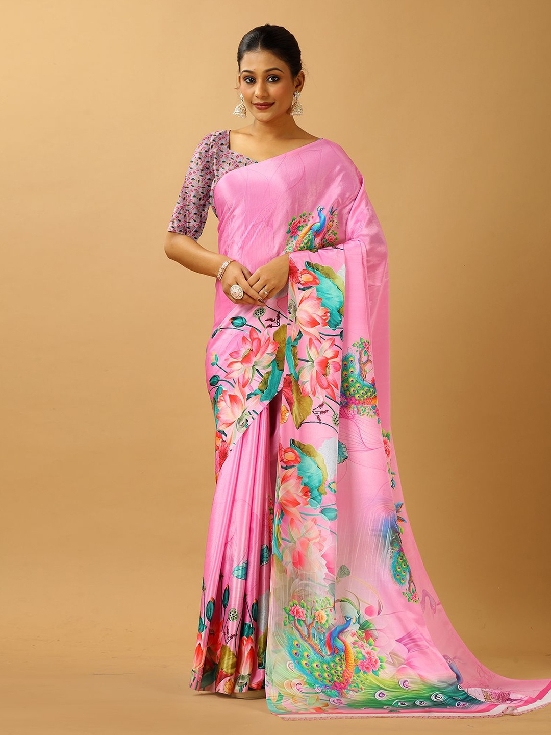 

A.V.M. SILK MILLS Floral Pure Crepe Saree, Pink