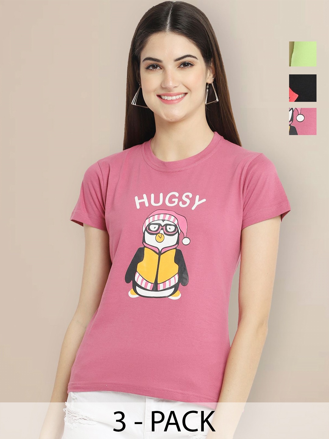 

Metronaut Women Pack of 3 Graphic Printed Round Neck Cotton T-shirts, Pink