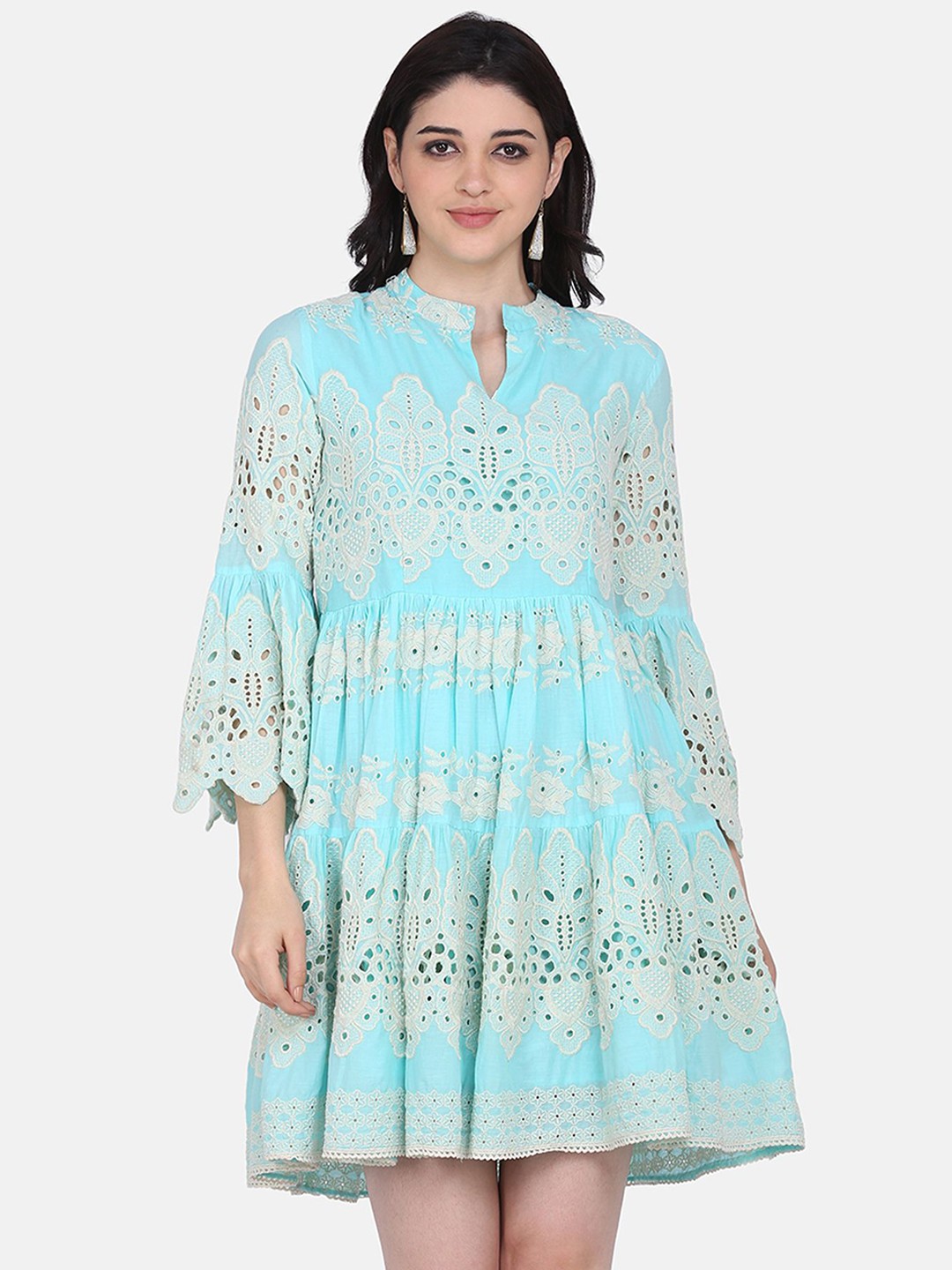 

HRITIKA Floral Self Design Mandarin Collar Bell Sleeves Cotton Fit and Flare Dress, Green