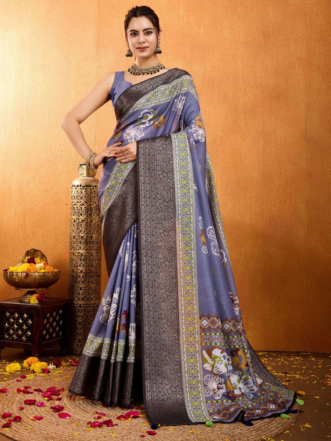 

Meena Bazaar Floral Zari Art Silk Saree, Grey