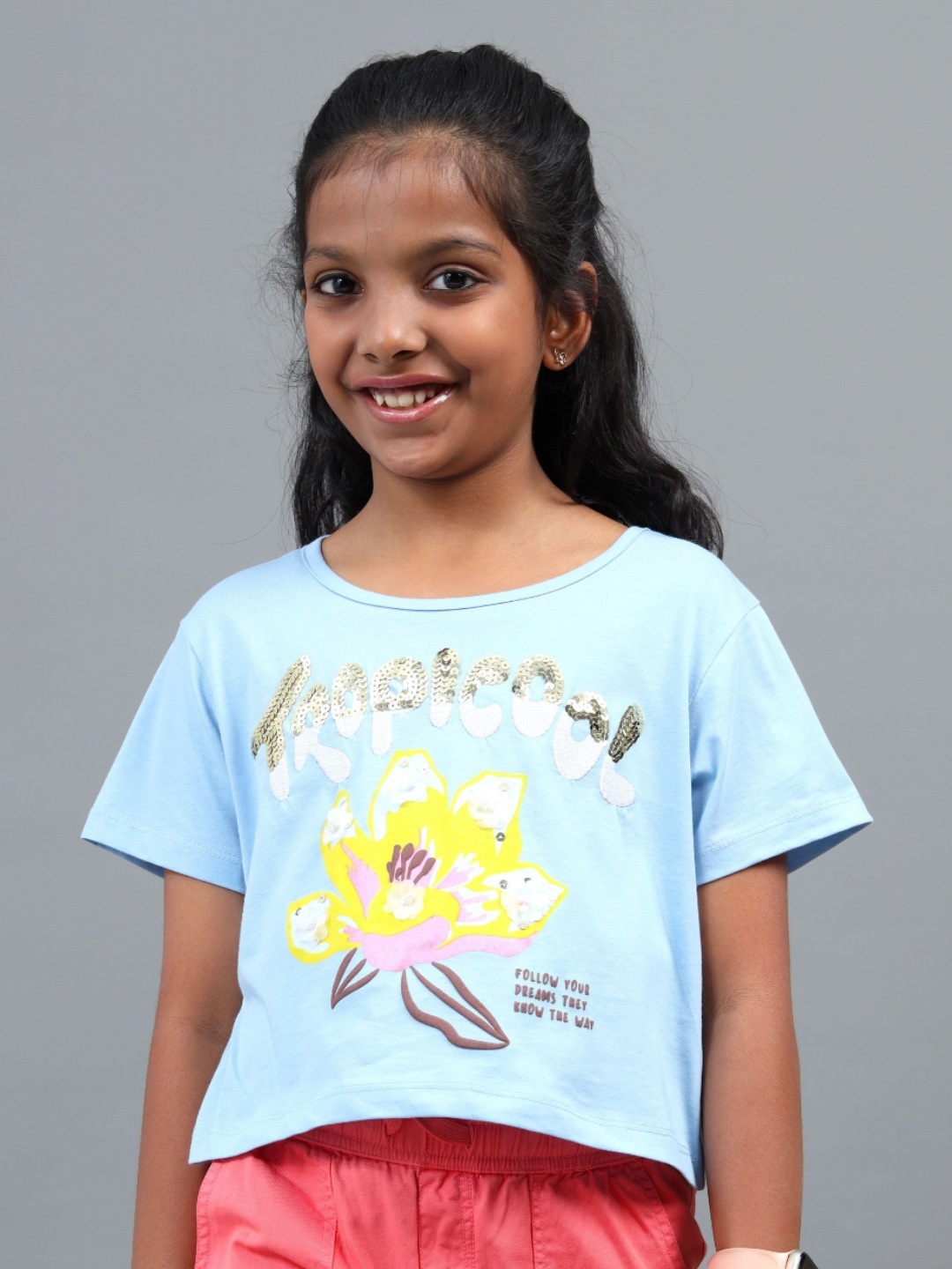 

UNDER FOURTEEN ONLY Girls Typography Printed Pockets T-shirt, Blue