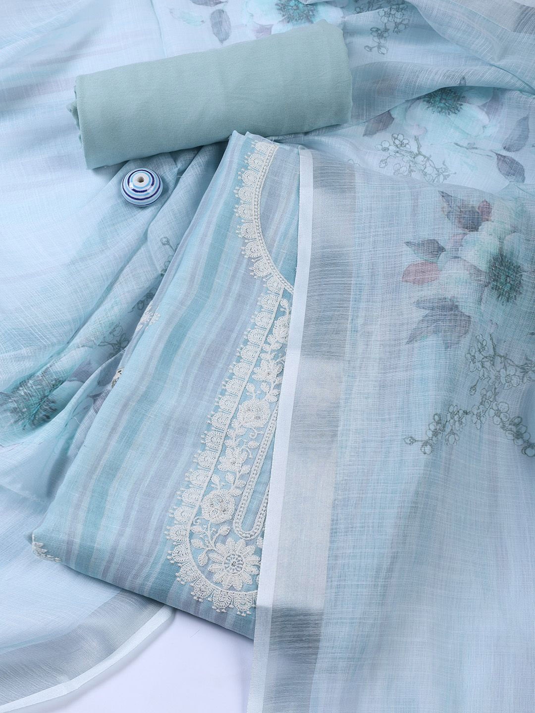 

Meena Bazaar Printed Linen Unstitched Dress Material, Sea green