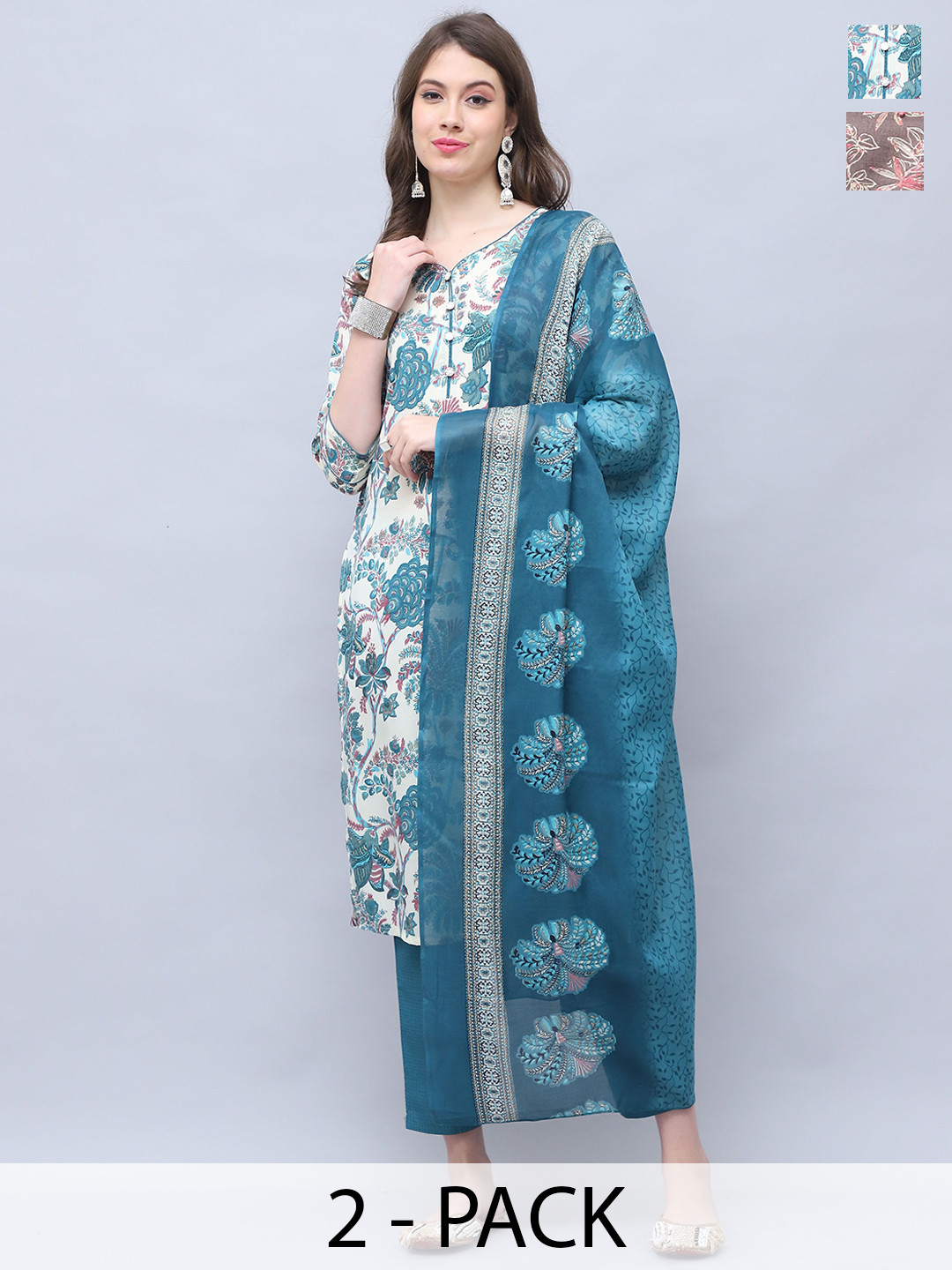 

Rajnandini Selection Of 2 Floral Printed Straight Kurta With Trouser & Dupatta, White