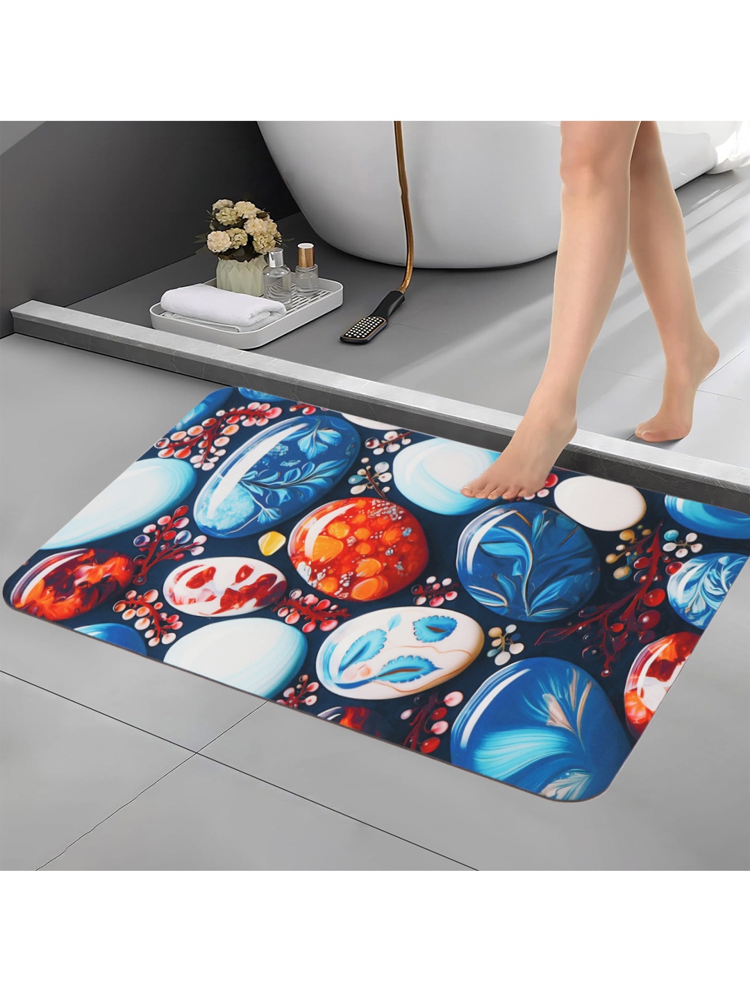 

Aura Blue & Orange Printed Anti Skid Bath Rug