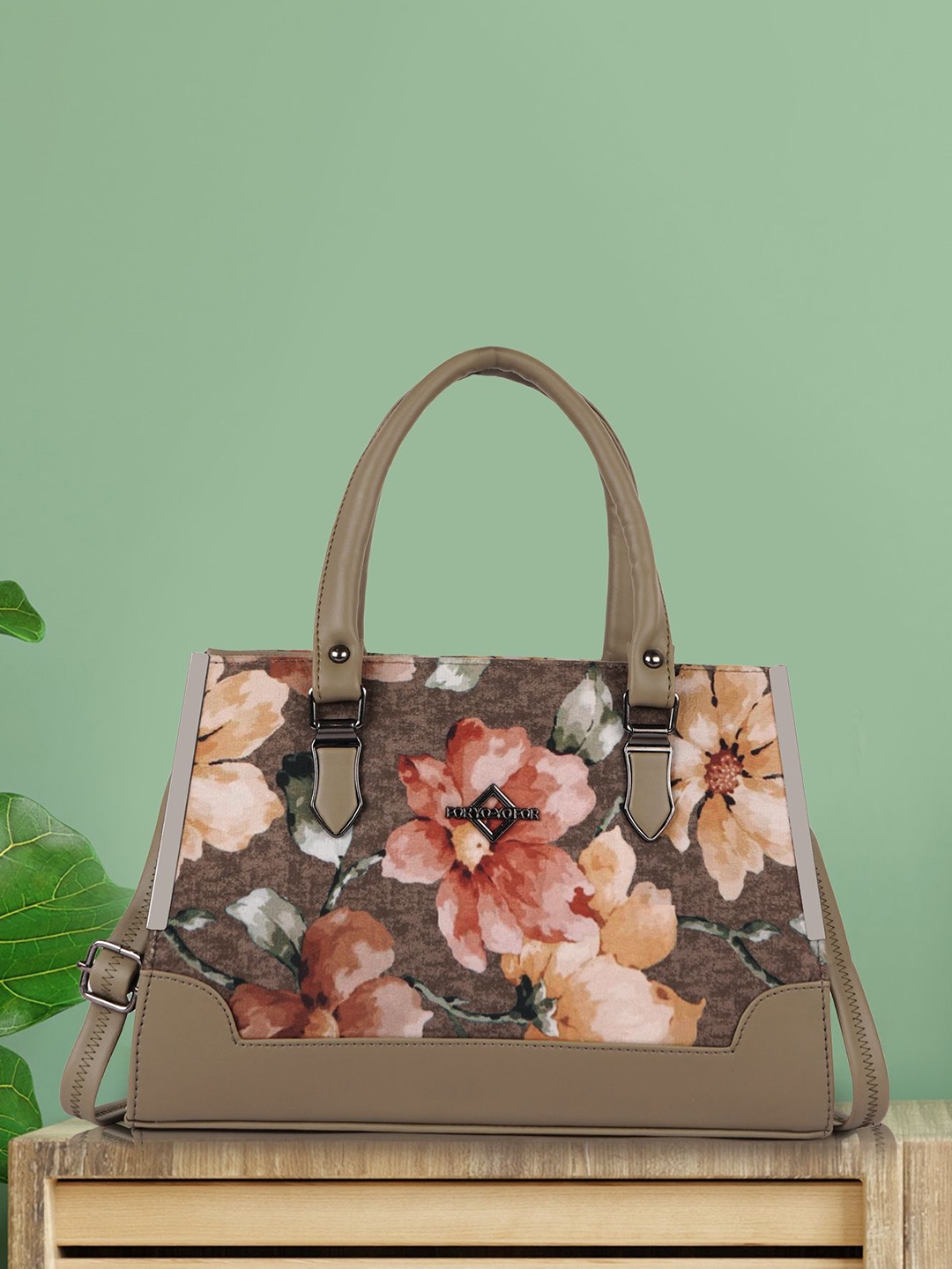 

SPOTIC Floral Structured Satchel with Applique, Olive