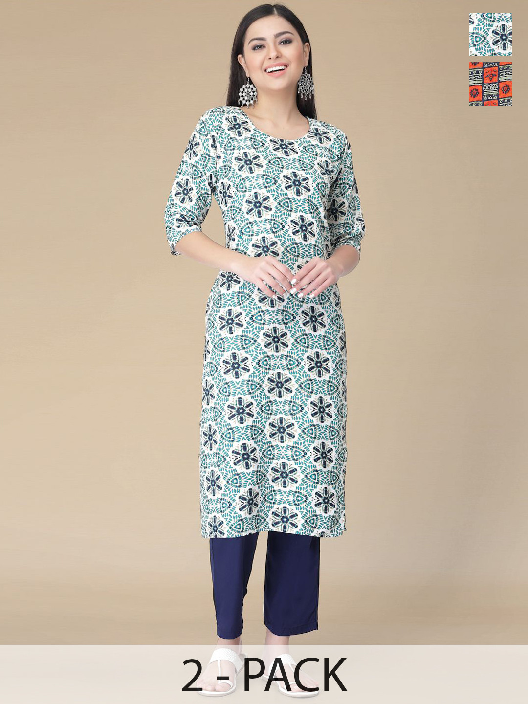 

Moda Rapido Selection of 2 Ethnic Motifs Printed Straight Kurtas With Trousers, Sea green