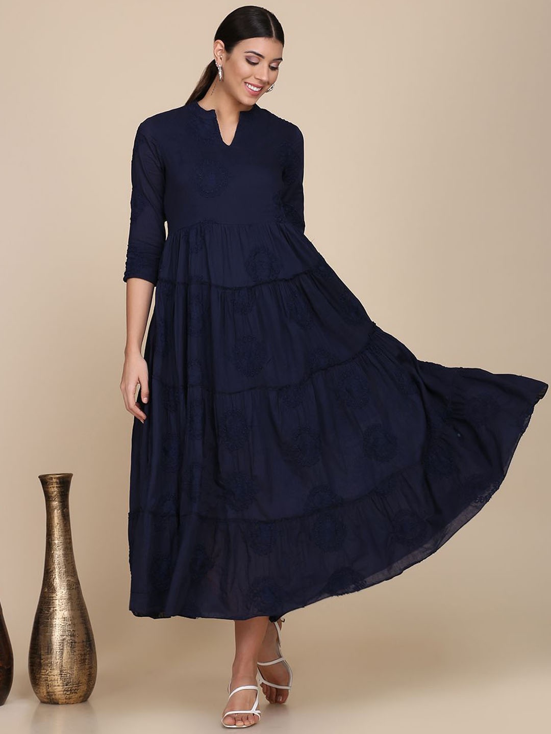 

HRITIKA Floral Embroidered Mandarin Collar Fit and Flare Cotton Dress, Navy blue