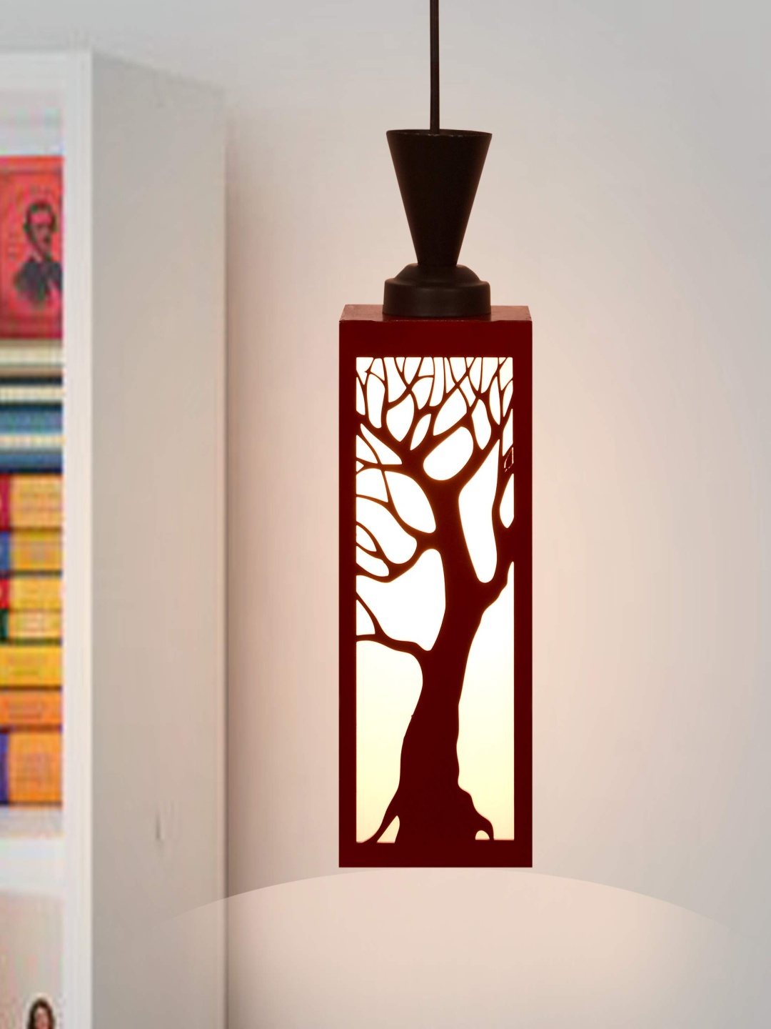

Gojeeva Red & Black Textured Rectangle Shaped Wooden Hanging Wall Lamp