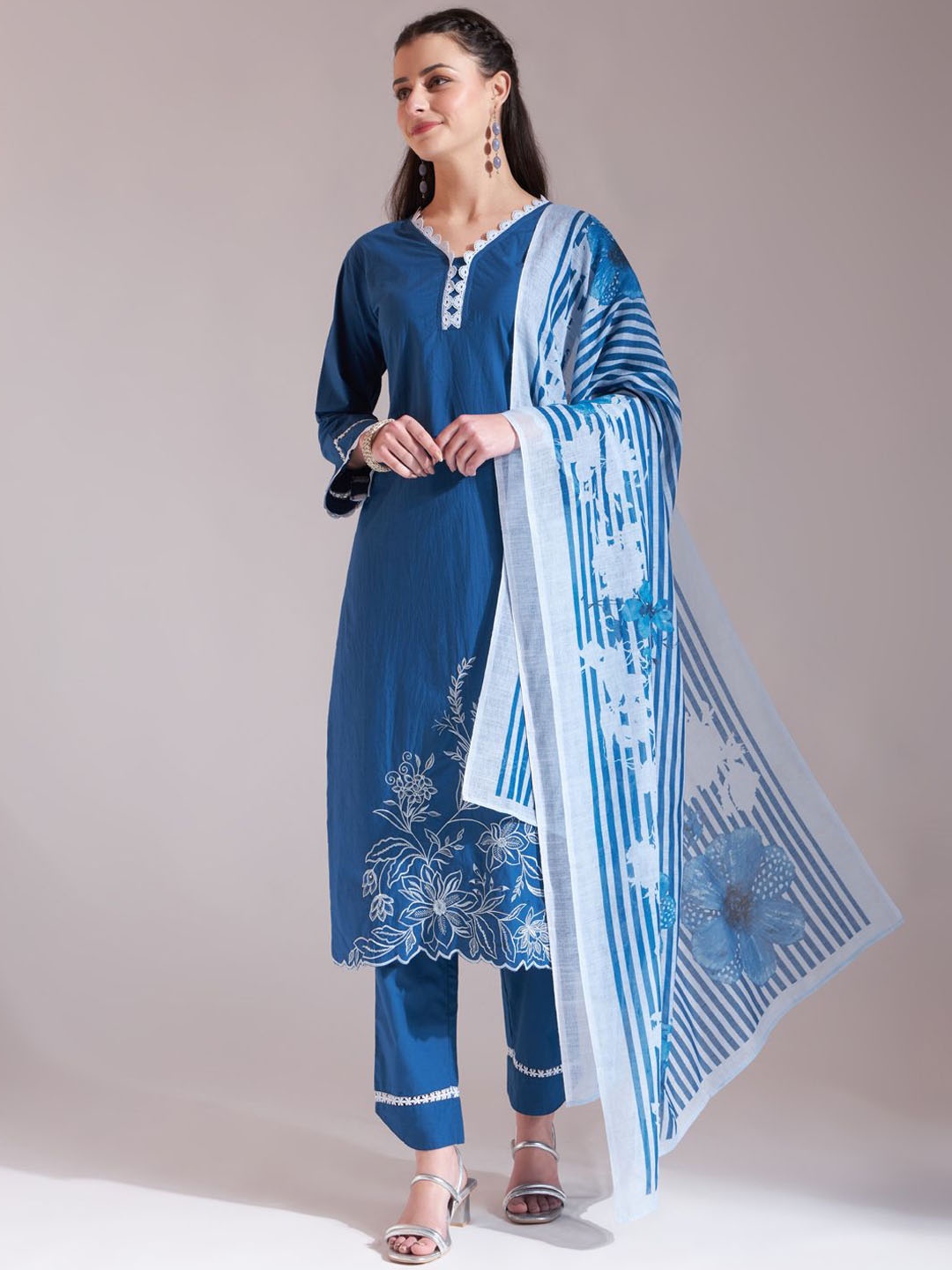 

Yufta Women Printed Regular Chikankari Pure Cotton Kurta with Trousers & With Dupatta, Blue