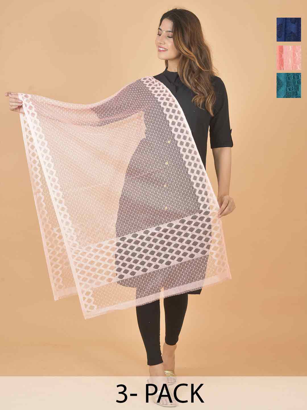 

LA FEMINAE Selection Of 3 Geometric Woven Design Net Dupatta, Blue