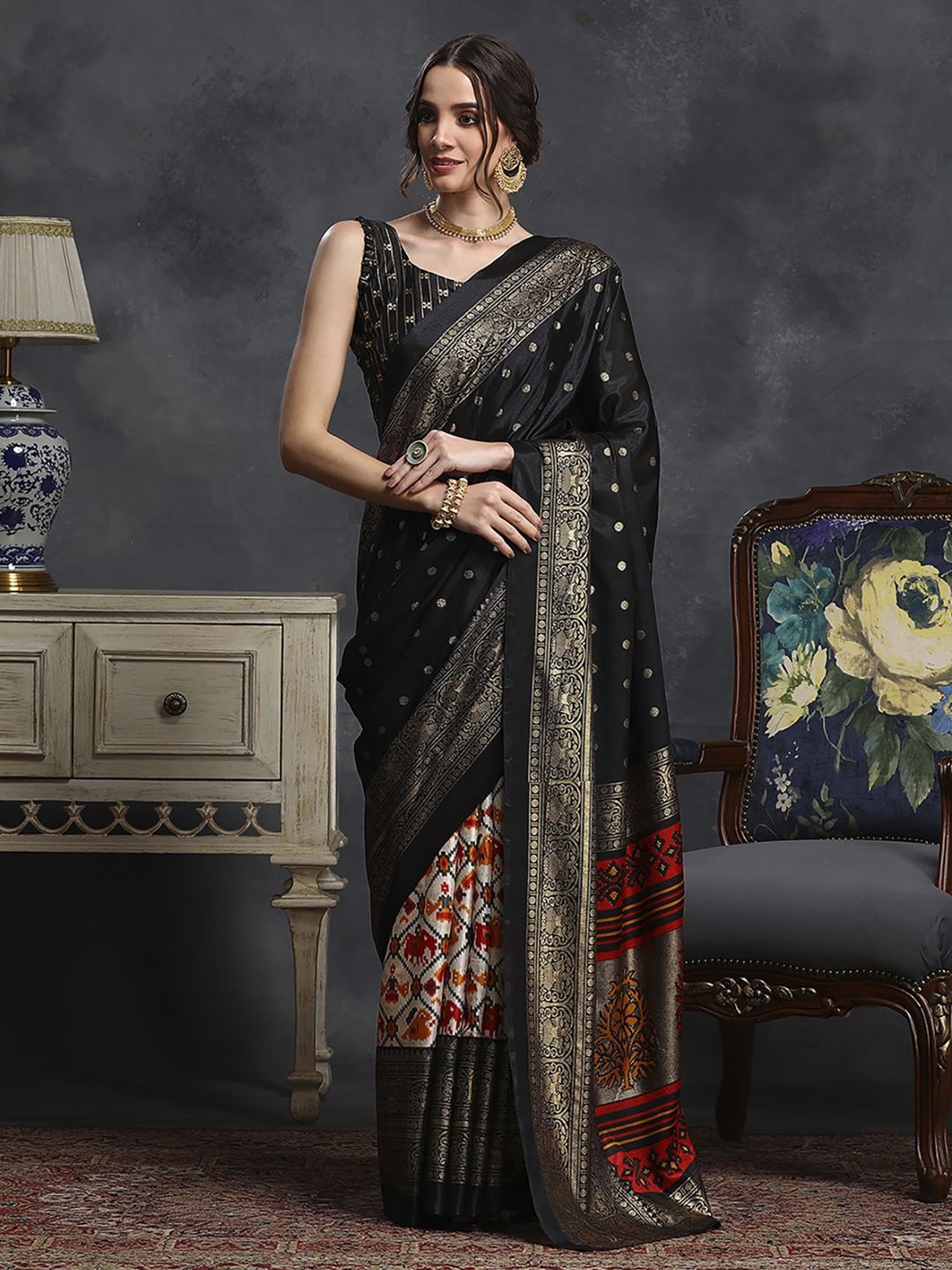 

Anouk Rustic Woven Design Zari Silk Blend Ikat Saree, Black