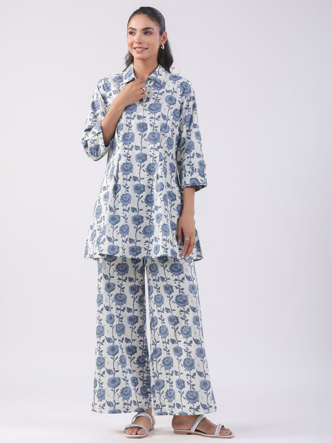 

JISORA Printed Shirt Collar Pure Cotton Tunic With Palazzos Co-Ords Set, Blue