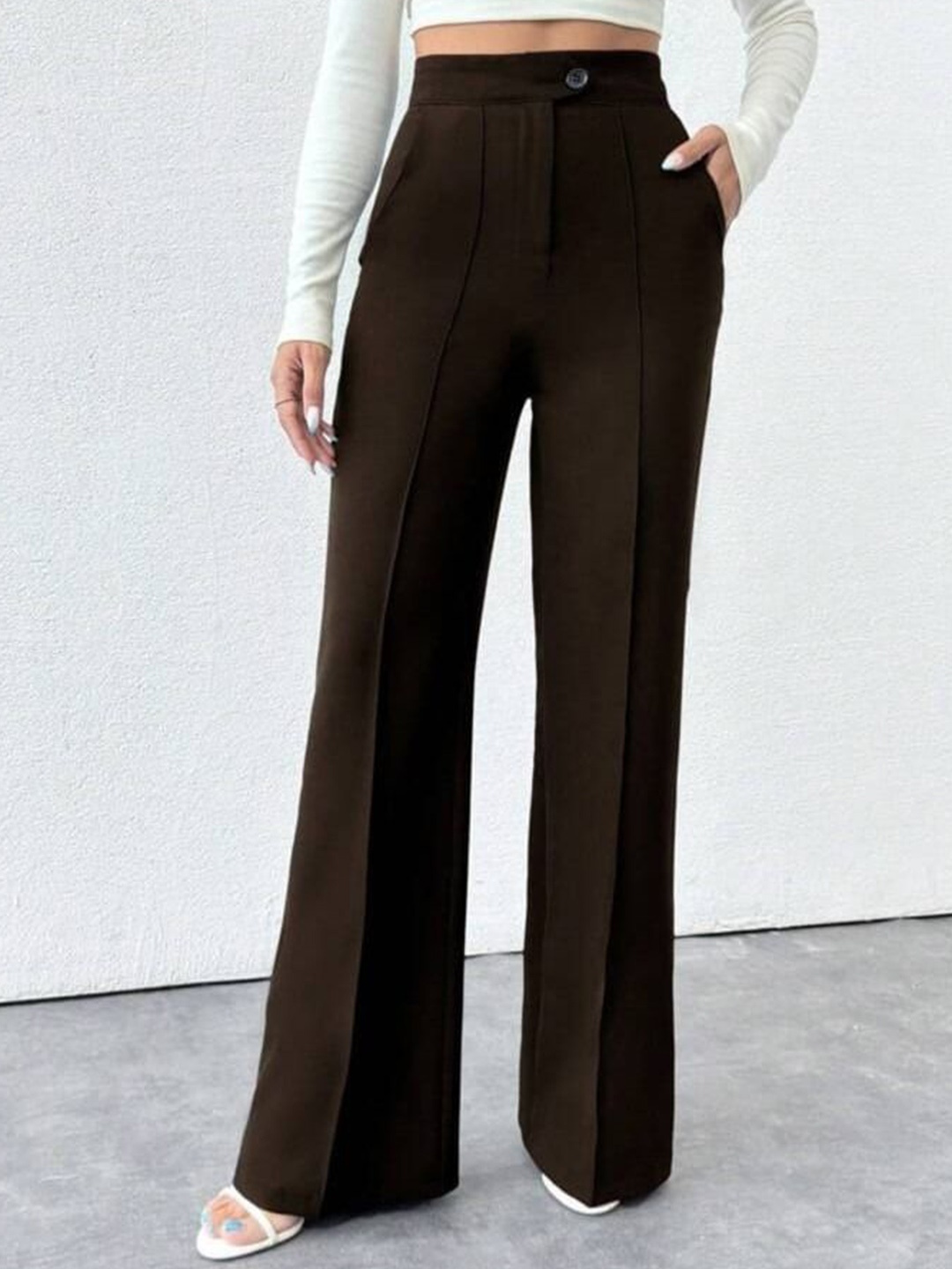 

Next One Women Smart Loose Fit High-Rise Easy Wash Pleated Korean Pant, Coffee brown