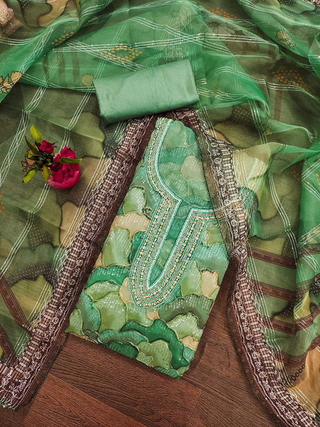 

Rangtulika Ethnics Motifs Embellished Organza Unstitched Dress Material, Green