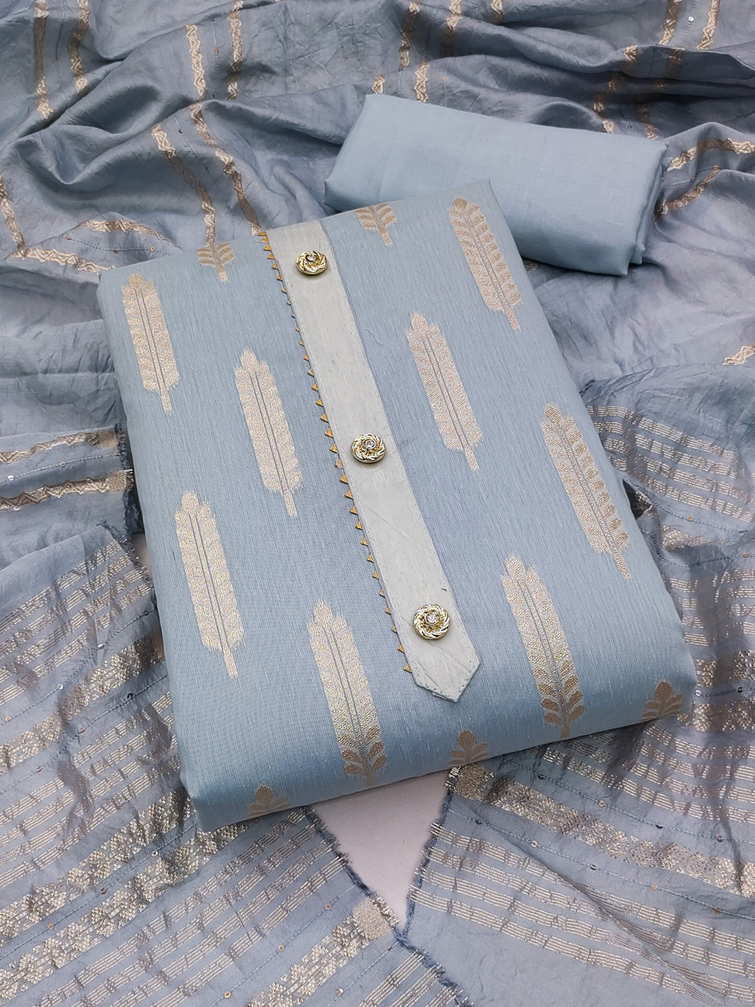 

Rangtulika Floral Woven Design Gotta Patti Unstitched Dress Material, Blue