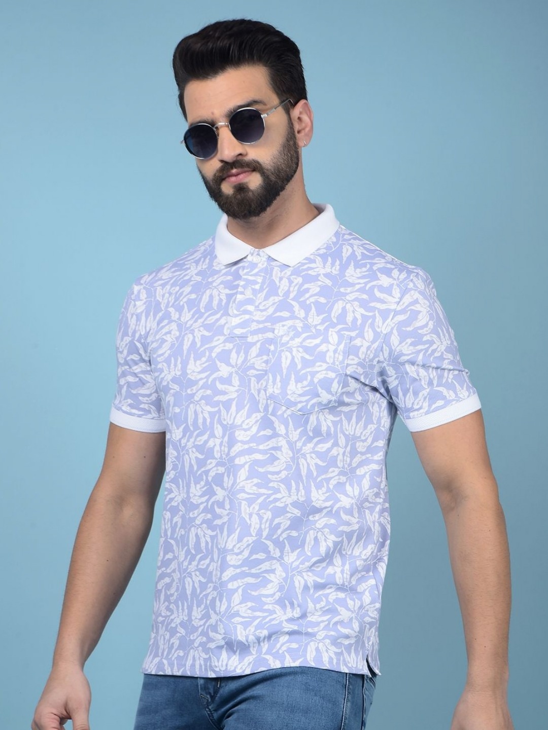 

Crimsoune Club Men Floral Printed Polo Collar Pockets Slim Fit T-shirt, Purple