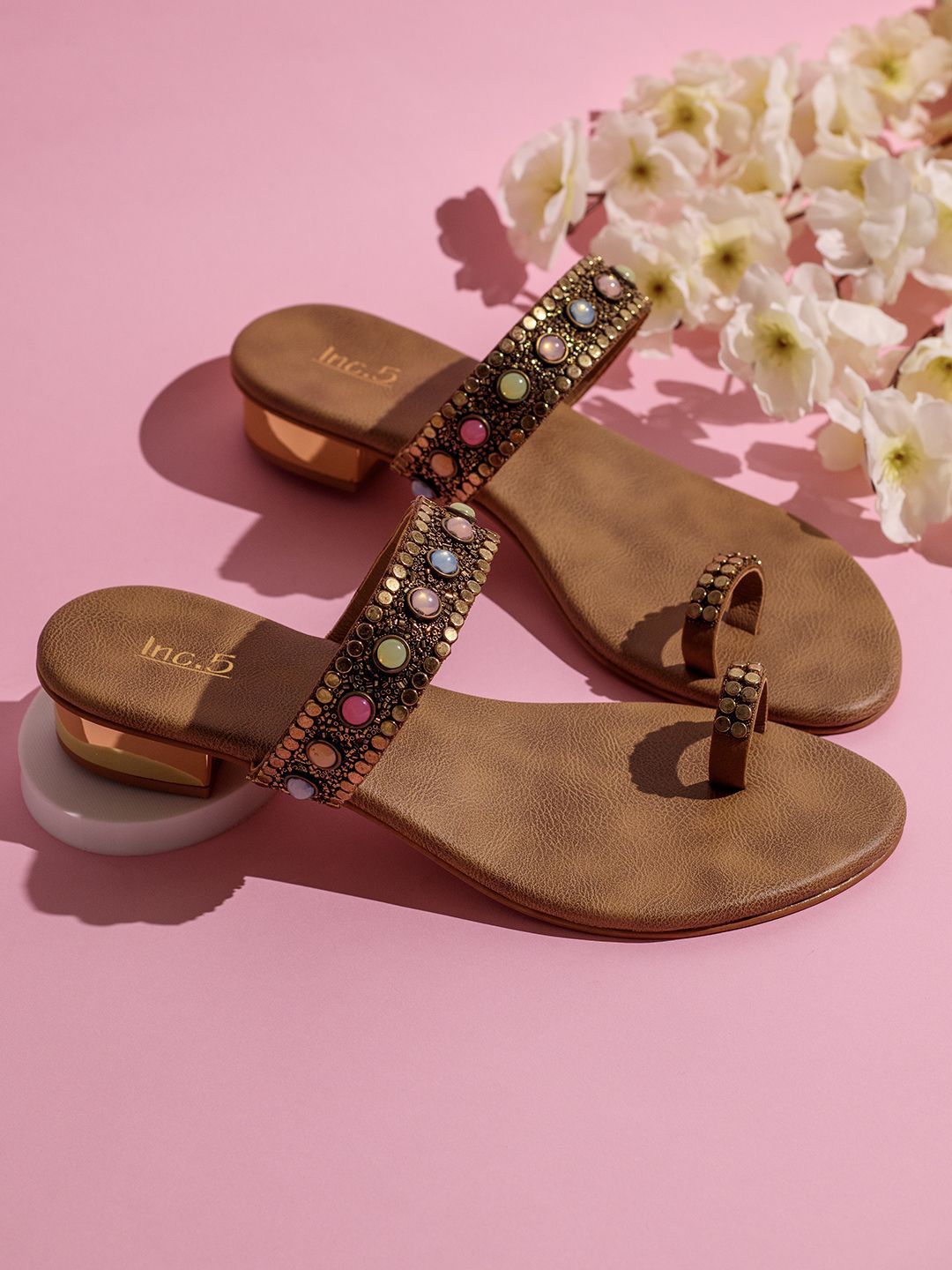 

Inc 5 Embellished Ethnic Block Sandals, Gold
