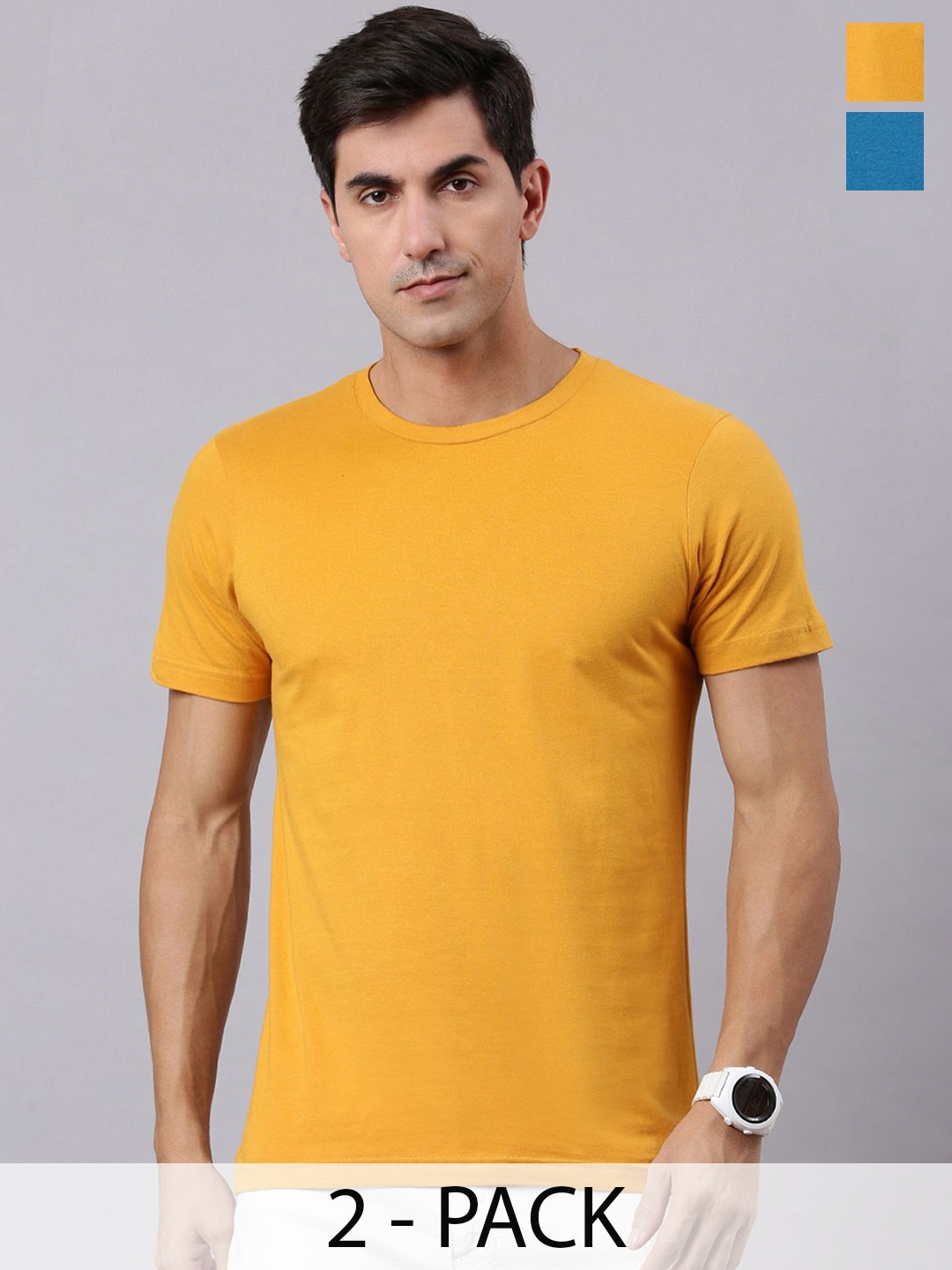 

Mast & Harbour Men Pack Of 2 Cotton Round Neck T-shirts, Mustard