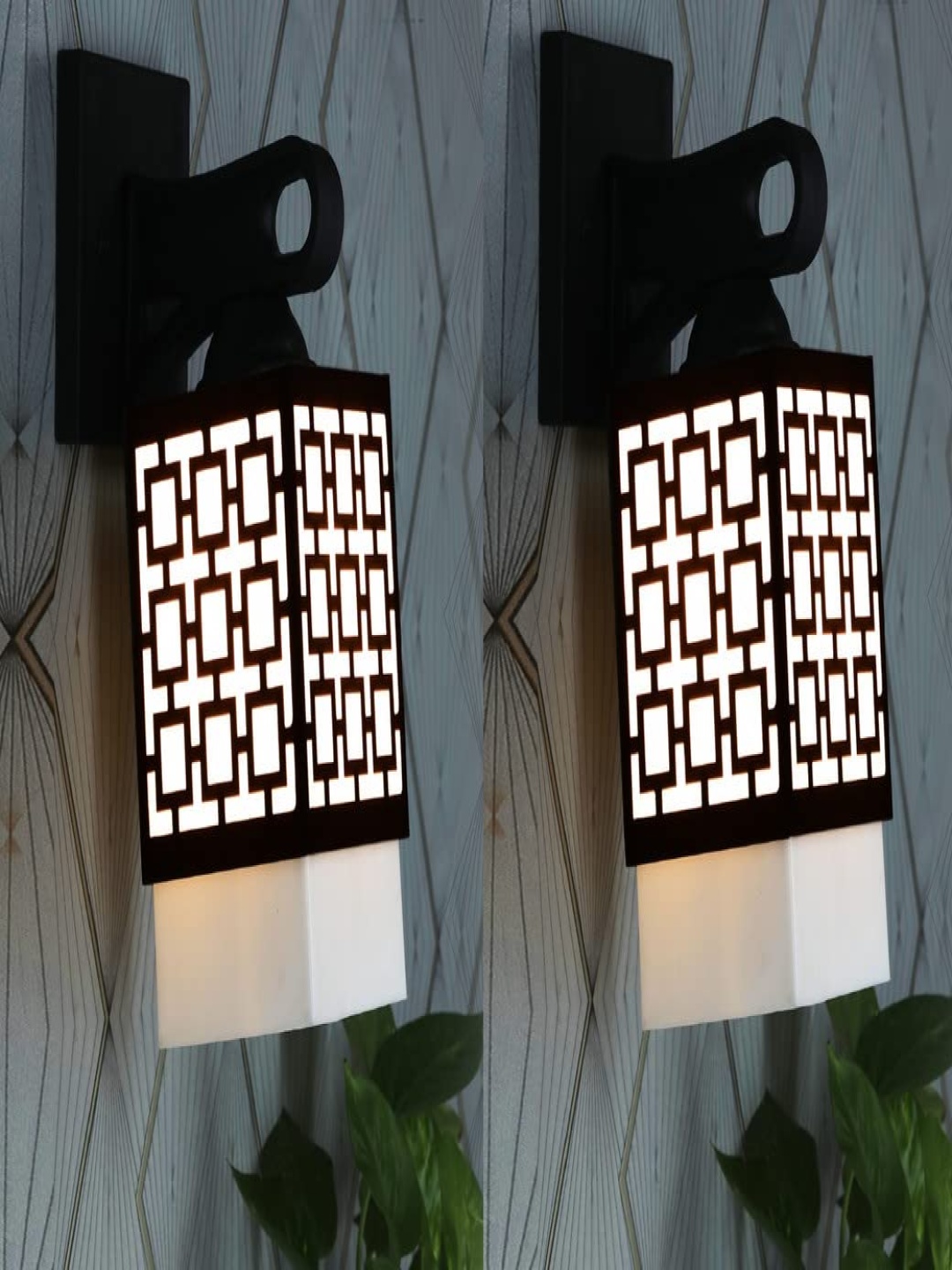 

Gojeeva Black & White 2 Pieces Textured Wooden Rectangle Shaped Wall Lamps
