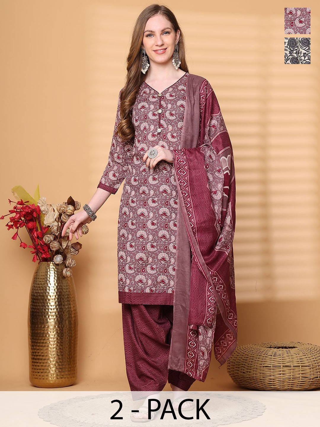 

Rajnandini Selection Of 2 Floral Printed V-Neck Straight Kurtas With Salwars & Dupattas, Mauve