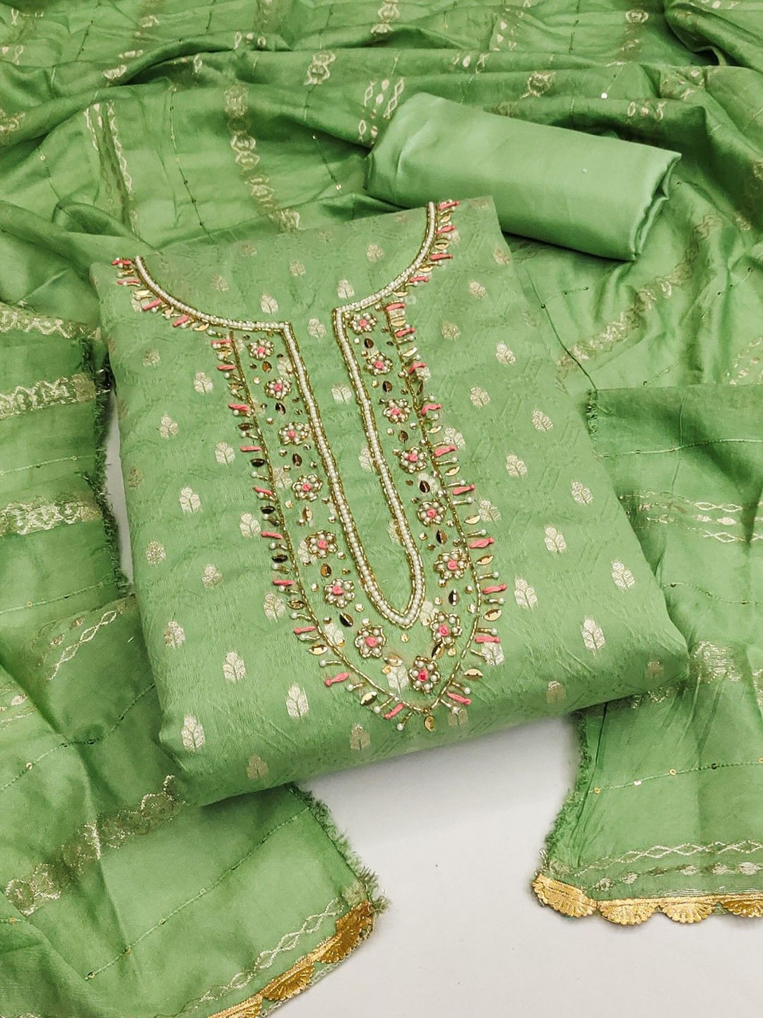 

Rangtulika Ethnics Floral Embroidered Unstitched Dress Material, Green
